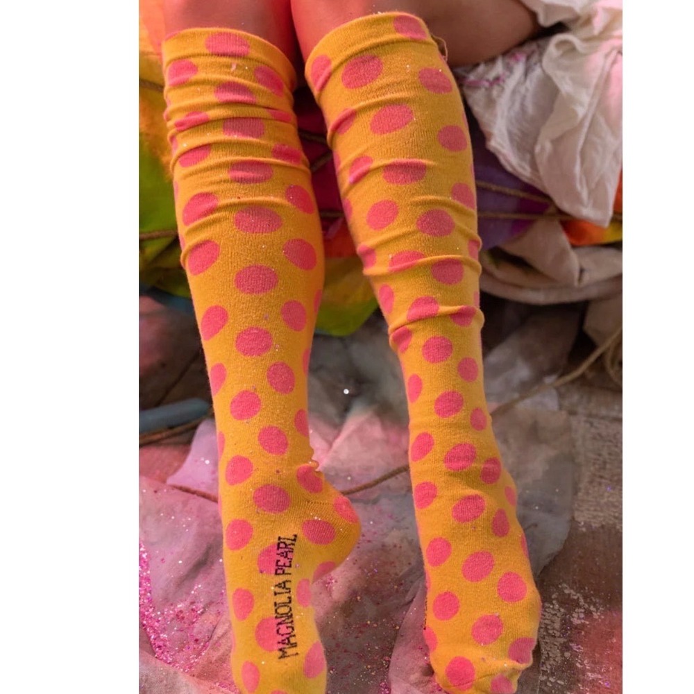 Magnolia Pearl Dots Over The Knee Socks Yellow Pink Polka Dots NWT SOLD OUT